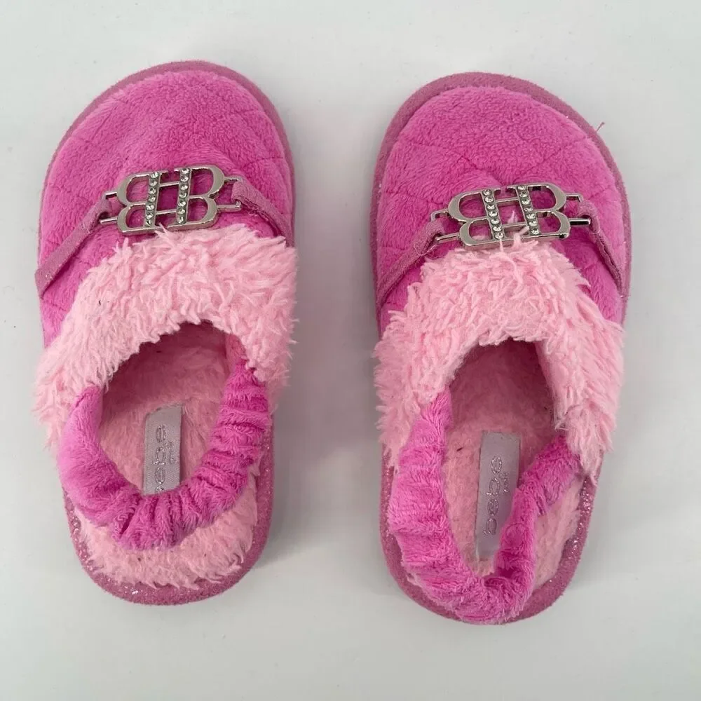 Bebe Girls Pink Plush Faux Fur Slingback Slippers Size 9/10 Cozy Fuzzy Shoes
